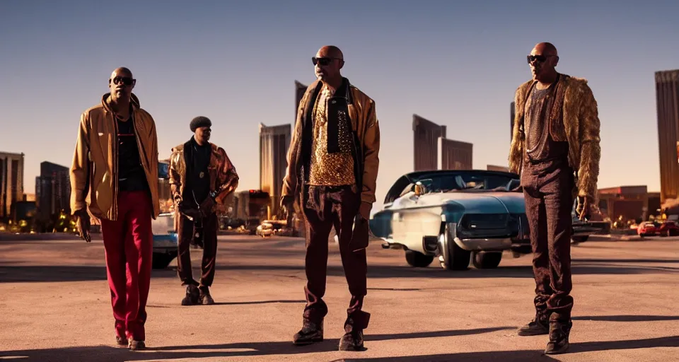 Prompt: first image afrofuturistic heist movie starring eddie murphy and dave chappelle, sundance official selection. shot on the las vegas strip with alexa mini, stunning cinematography, golden hour, filmgrain.