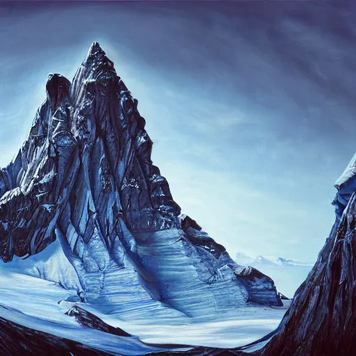 Image similar to mysteries of Antarctica glacial cult mountain god, realistic fantasy, oil painting, extremely high detail, photorealistic, cinematic lighting, oil painting, intricate line drawings, 4k resolution