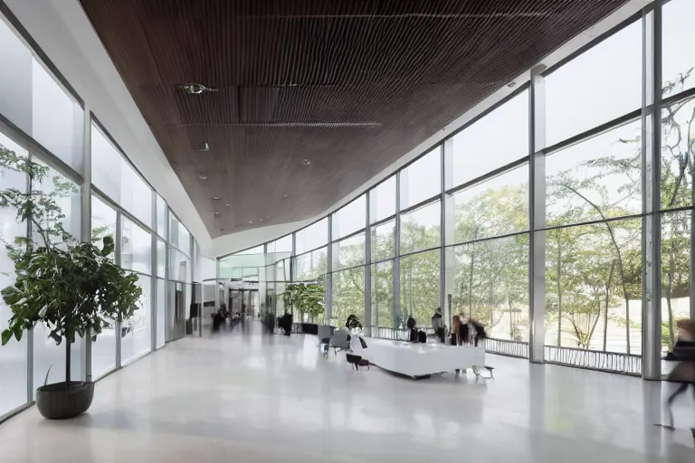 Prompt: a beautiful office building lobby with sleek modern design by HOK with large windows