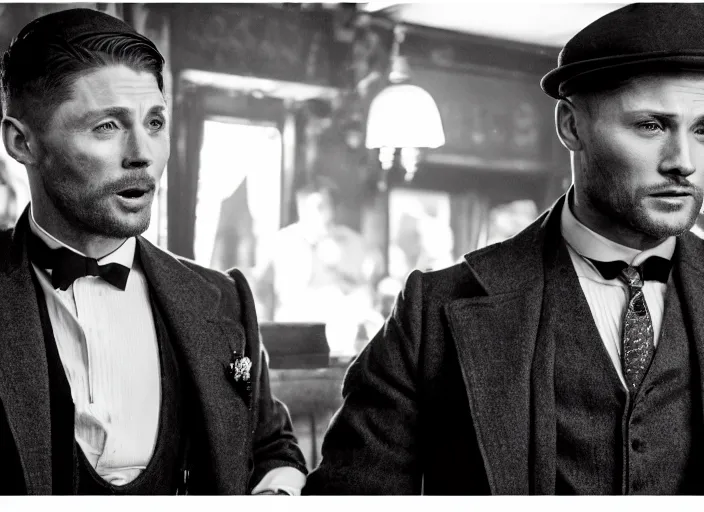Prompt: an celebration in a bar from the series peaky blinders, close up jensen ackles, happy, joyful, laughter, celebration, detailed and symmetric faces, black and white, cinematic, epic,