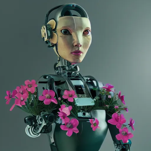 Image similar to futurustic female robot made of the most beautiful flowers , bouquets, fisheye lens, unreal 5, DAZ, hyperrealistic, octane render, dynamic lighting