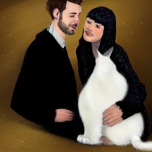 Prompt: a couple, gregoire and manon, digital art, with white cat