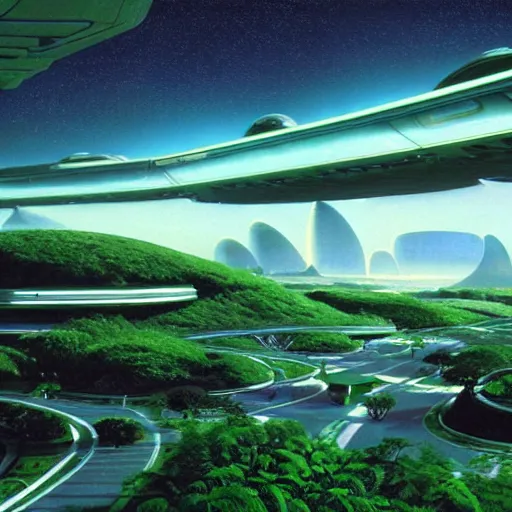 Image similar to beautiful matte painting of green gardens with roads on a futuristic sci-fi space station, cinematic angle, cinematic lighting, blue sky, by Syd Mead, John Harris, Federico Pelat