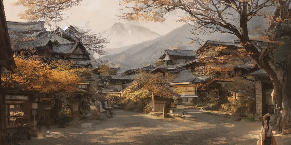 Prompt: walking around rural shirakawa - go, gifu, japan. volumetric lighting, spring early, nice slight overcast weather, realistic illustration, perfectly shaded, ( golden hour ), soft painting, low angle, art by krenz cushart and wenjun lin