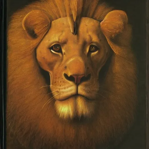 Prompt: portrait of a king with a lions head for a head, oil painting by jan van eyck, northern renaissance art, oil on canvas, wet - on - wet technique, realistic, expressive emotions, intricate textures, illusionistic detail