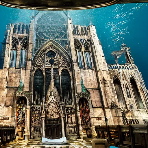 Image similar to a photograph of a cathedral on the bottom of the ocean, photorealistic,