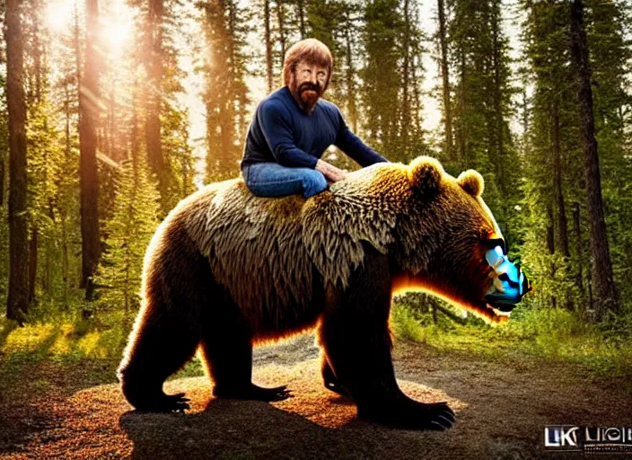 Prompt: portrait photo of chuck norris riding his fluffy grizzly bear, in the forest at dawn. fantasy magic style. highly detailed 8 k. intricate. lifelike. soft light. sony a 7 r iv 5 5 mm. award winning photography.