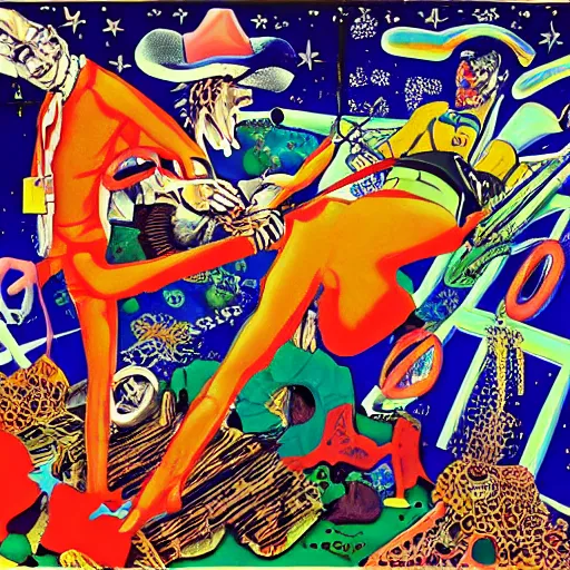 Image similar to Bodacious cowboys such as your friends will never be welcome here high in the clusterdome, mixed media, by Tadanori Yokoo