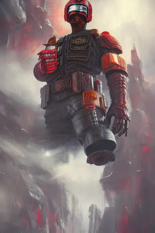 Image similar to Judge Dredd, realistic and ultra intricate detailed soft painting, volumetric lighting, mist, chains and red fluid background, Artstation, Tom Bagshaw Yasushi Nirasawa Moebius artstyle, unreal render, depth of field