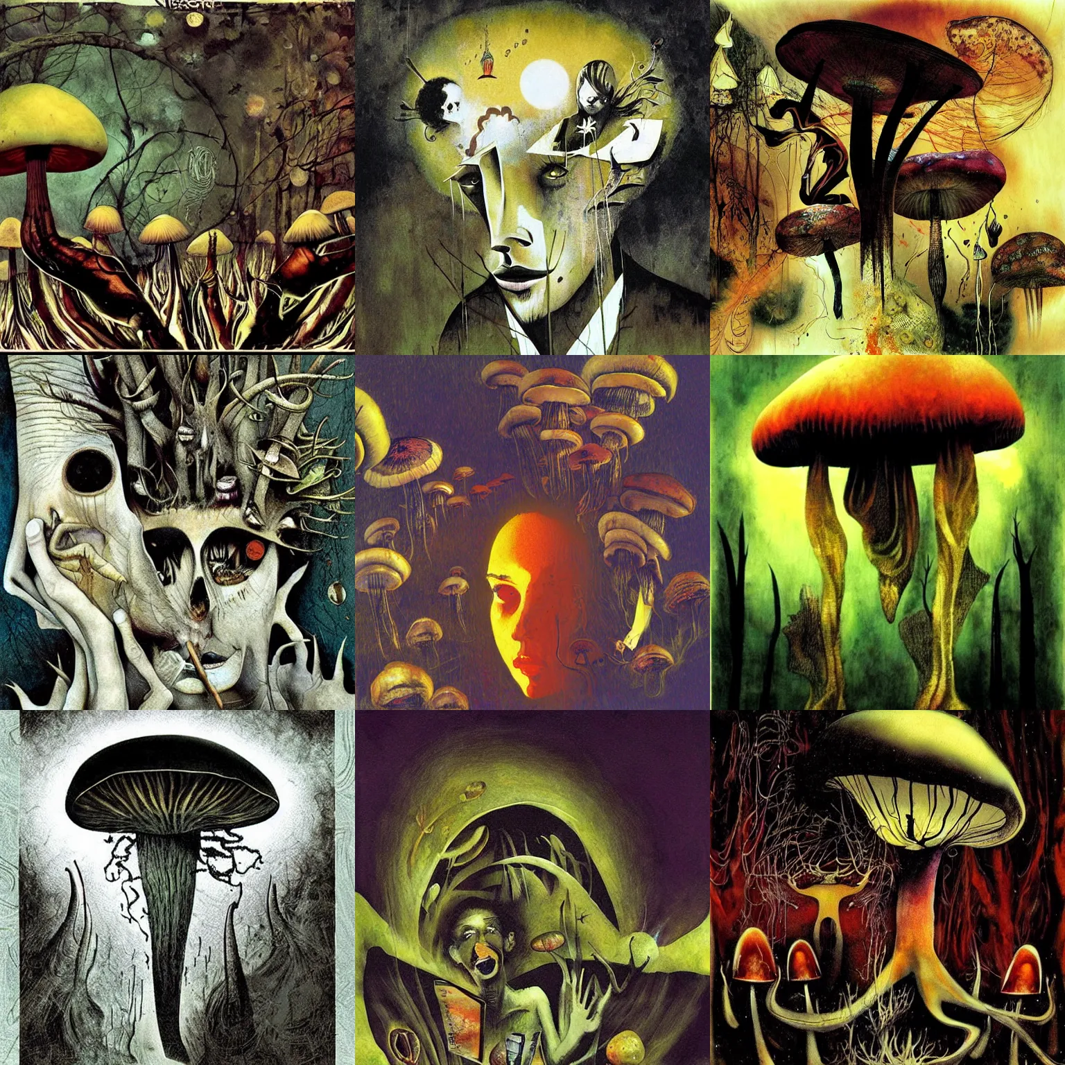 Prompt: psychedelic mushrooms dream, no fears, okay one fear, by dave mckean