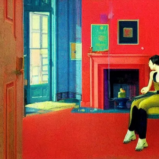 Image similar to a person inside their very colorful home, but the world outside is so dull and colorless, by akihiko yoshida and edward hopper