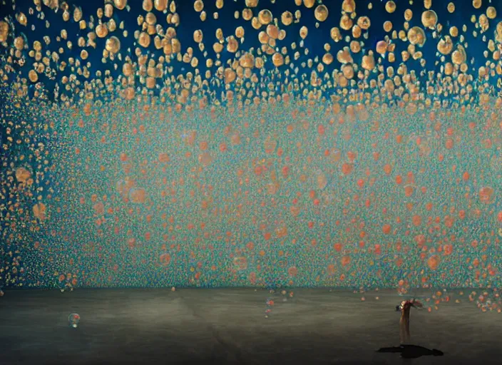 Prompt: thousand bubbles by vincent lefevre and hernan bas and pat steir and hilma af klint, psychological, dripping paint, washy brush, background with hundreds of bubbles of memories by andreas gursky, rendered in octane, altermodern, masterpiece