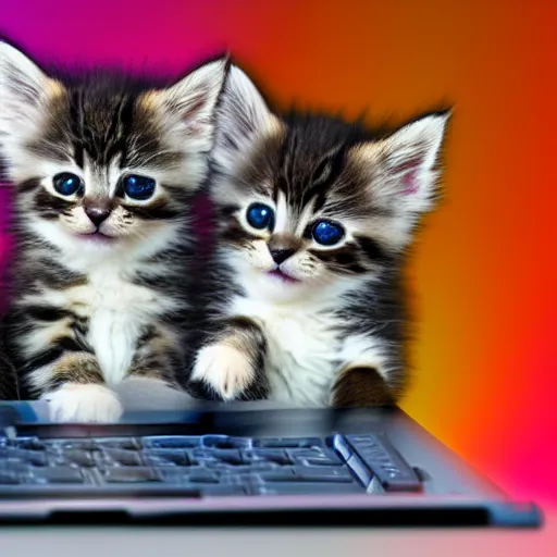 Image similar to hyper realistic photograph of cute fluffy kittens in a keyboard using a laptop with colorful emoticons floating in the air