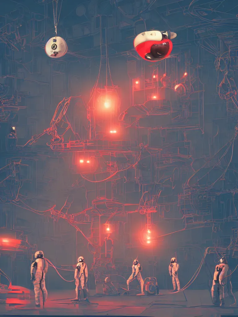 Prompt: graphic art of dystopian futuristic 1 0 mechanic surgeons in space suits, operate on a huge mouse head held by a crane. ominous glowing red netflix sign in the background, trending on art station, beeple