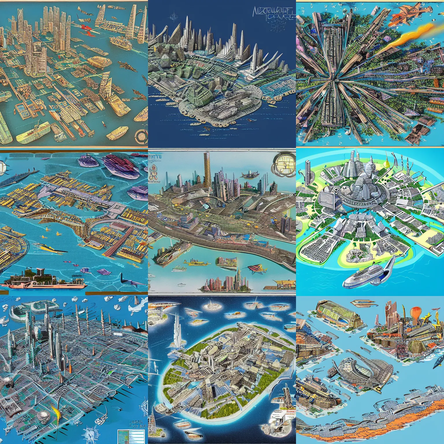 Prompt: a detailed map of a futuristic city located in an island surrounded by water with a few flying ships stationed around it, in the style of egon rivera, full color, exploded view