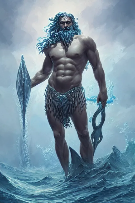 Image similar to poseidon humanoid god of the sea, trident, highly detailed, d & d, fantasy, highly detailed, digital painting, trending on artstation, concept art, sharp focus, illustration, art by artgerm and greg rutkowski and magali villeneuve