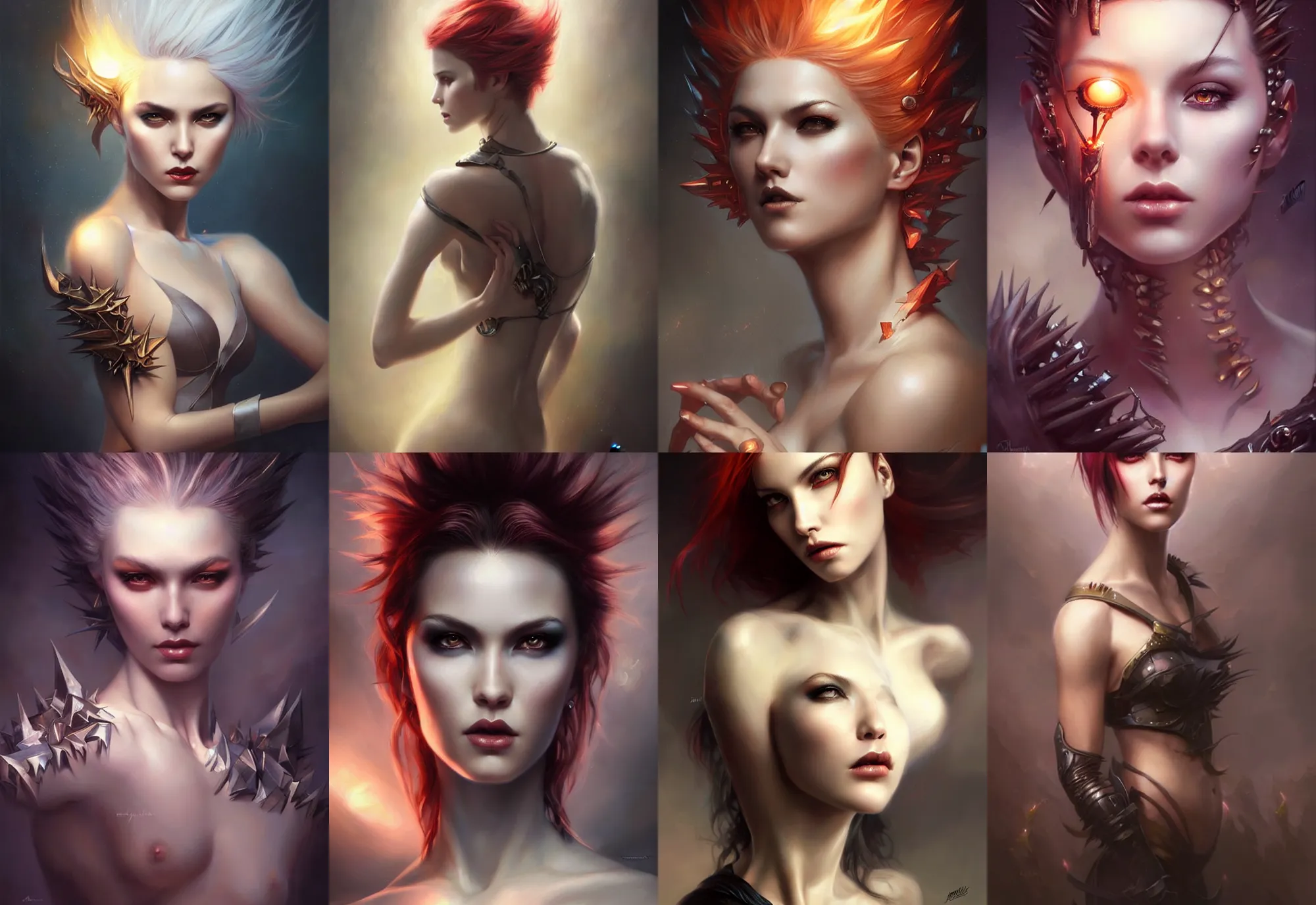 Prompt: a beautiful woman with spikes hair, painted by artgerm and tom bagshaw, fantasy art, dramatic lighting, highly detailed oil painting
