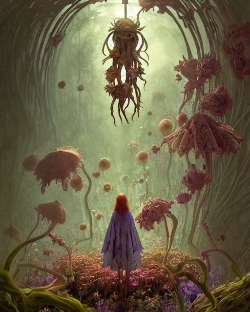 Image similar to the platonic ideal of flowers, rotting, insects and praying of cletus kasady carnage davinci dementor chtulu mandelbulb ponyo alice in wonderland dinotopia watership down, d & d, fantasy, ego death, decay, dmt, psilocybin, concept art by greg rutkowski and simon stalenhag and alphonse mucha