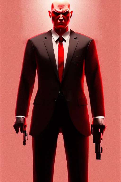 Prompt: an intricate and expressive full body portrait of agent 4 7 from hitman in a research lab full of clones, dark background, red rim light, highly detailed, digital art, artstation, concept art by giger stalenhag