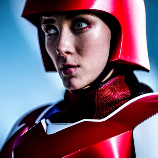 Image similar to headshot of a athletic female soldier in glossy sleek white armor with tiny red details and a long red cape, heroic posture, on the surface of mars, night time, dramatic lighting, cinematic, sci-fi, hyperrealistic