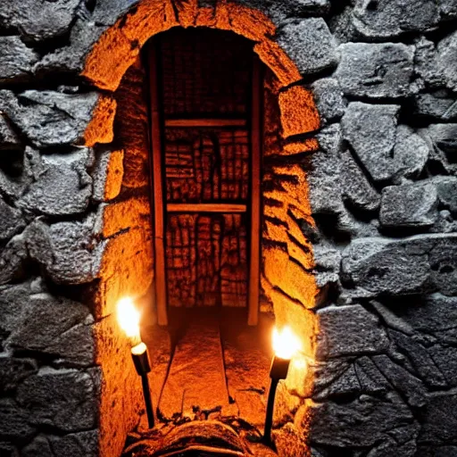 Prompt: secret door hidden very well in a dungeon wall lit with torches, d & d, photo