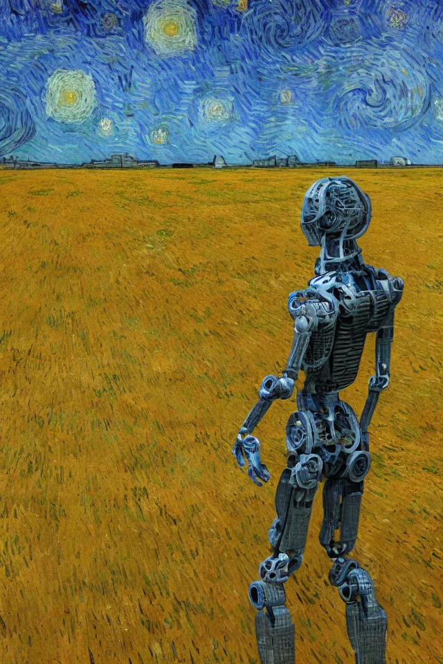 Image similar to concept art of the back view of one humanoid robot on the ground, many distant big tall buildings far away, vast wheat fields, by van gogh, godrays, atmospheric, cinematic, distant world, wide angle, detailed