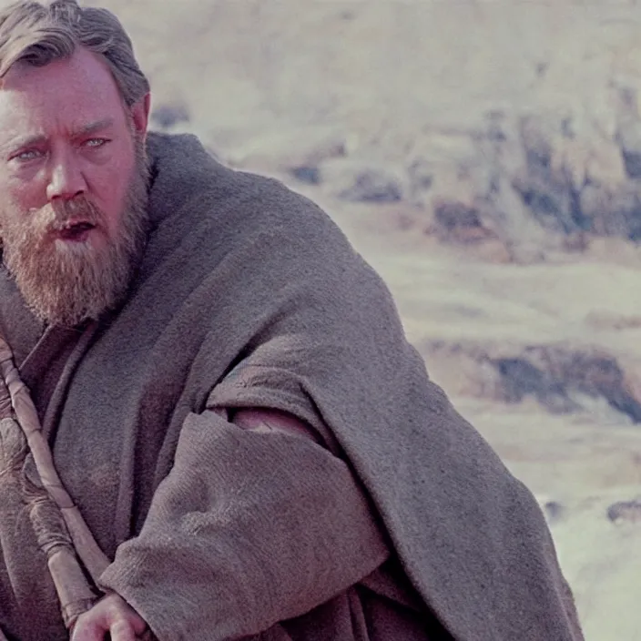 Image similar to obi wan kenobi but obese!! and overweight, photoralistic rendering, movie still, screenshot, hyperdetailed