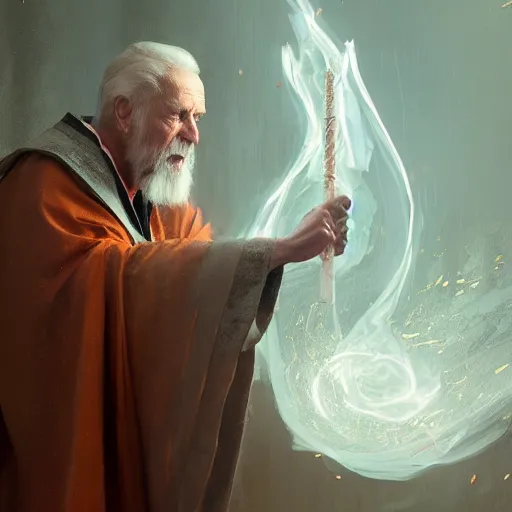 Image similar to Older man in exquisite robes, holding staff embedded with crystals, casting spell, highly detailed, dynamic lighting, 4k,by Greg Rutkowski