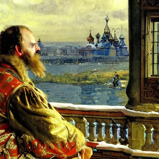 Image similar to russian tsar Peter The Great 18th century reinstalls windows 95 by vasnetsov and surikov serov, JEAN-VICTOR BERTIN, by Terence Cuneo, detailed, artfully traced, 4k resolution, cinematic, dramatic