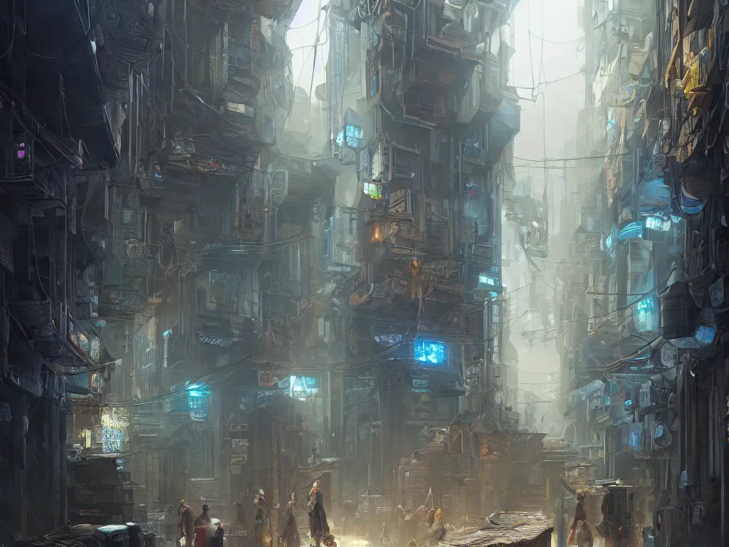 Prompt: hyperrealistic matte painting of a alleyway of a grand city, wanderers traveling from afar, 8 k resolution, by hugh ferris and john smith, polished, fine detail, blue color scheme, cyberpunk style, smooth, octane, concept art, trending on artstation