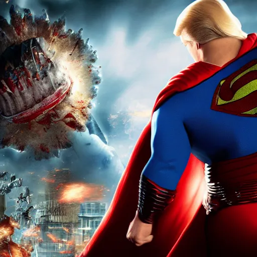 Image similar to Portrait of Donald Trump as superman in Gears of War, splash art, movie still, cinematic lighting, dramatic, octane render, long lens, shallow depth of field, bokeh, anamorphic lens flare, 8k, hyper detailed, 35mm film grain