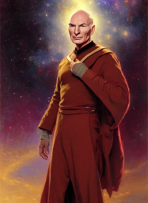 Prompt: captain picard, god of starlight, long flowing hair, modest flowing gown, smug expression, highly detailed painting by gaston bussiere, craig mullins, j. c. leyendecker 8 k, sparkling nebula