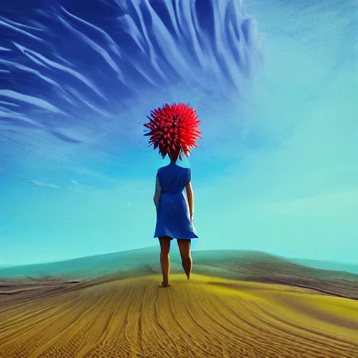 Image similar to closeup giant dahlia flower under head, a girl walking between dunes, surreal photography, sunrise, blue sky, dramatic light, impressionist painting, digital painting, artstation, simon stalenhag