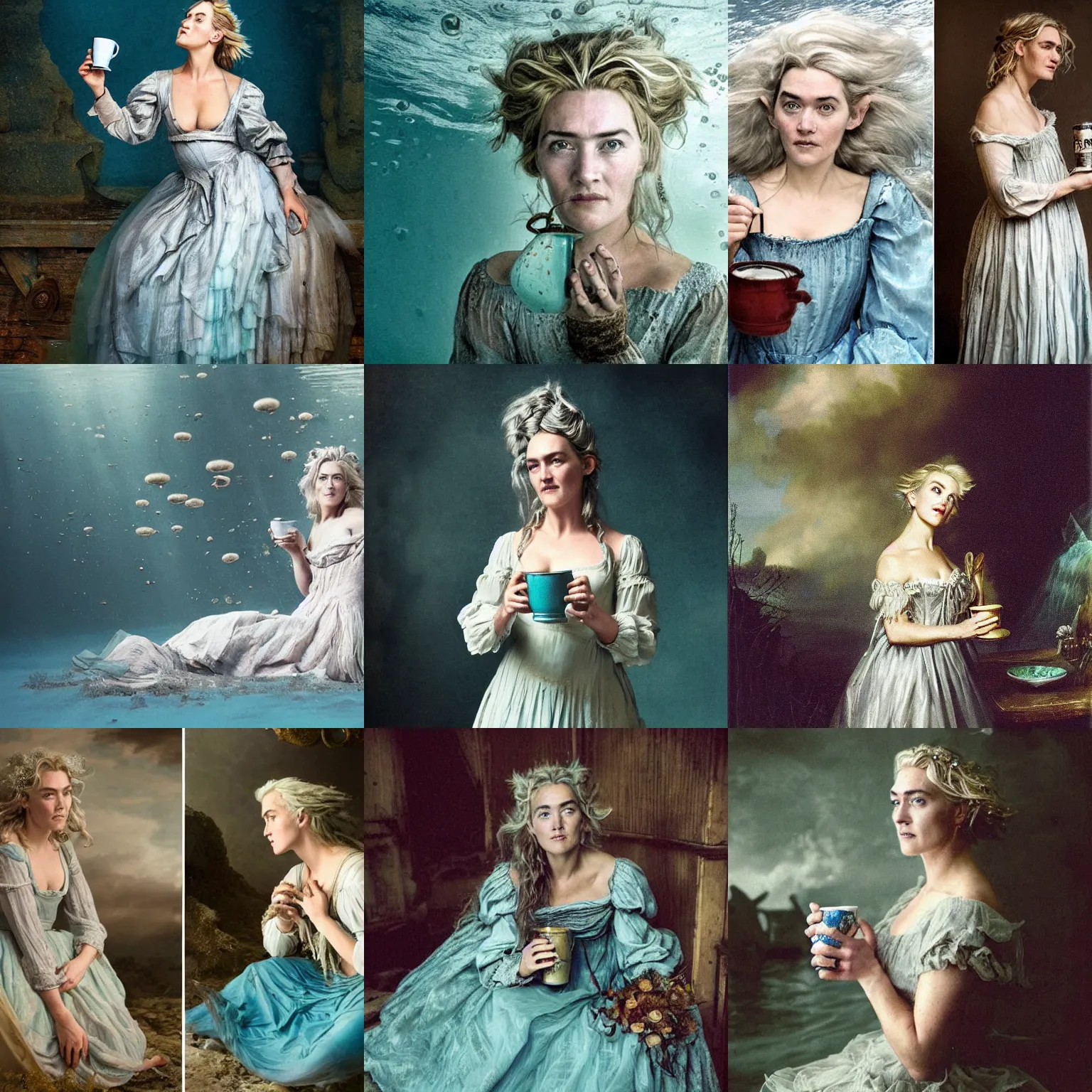 Prompt: A 18th century, messy, silver haired, (((mad))) elf princess (Kate Winslet), dressed in a ((ragged)), wedding dress, is ((drinking a cup of tea)). Everything is underwater and floating. Greenish blue tones, theatrical, (((underwater lights))), high contrasts, fantasyconcept art, inspired by John Everett Millais's Ophelia