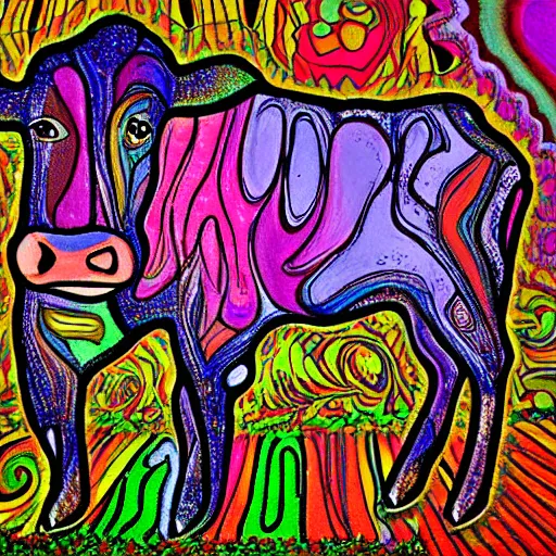 Prompt: A cow, trippy