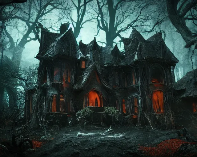 Prompt: the scariest witches house in the scariest dark forest, scary animals from ancient legends lurking in the forest, epic scene, dark, scary, horror, frightening, fantasy, cinematic, redshift render, cgi, hyper - detailed, photo - bash, 8 k post - production, masterpiece