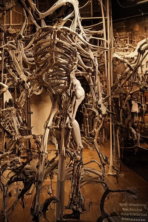 Image similar to inside a museum, a room where anatomical torso body parts are piece of arts by Rob Bottin at night biomechanical, filth and grim, wires and strings, very detailed, ultra realistic photography, grainy image