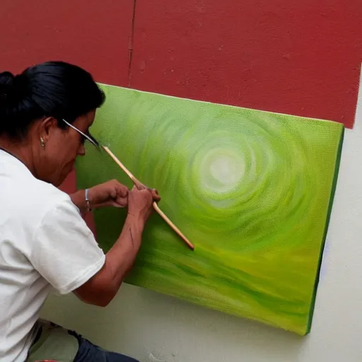 Image similar to A Peruvian artist painting a plain green picture on canvas