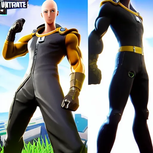 Image similar to one punch man in fortnite, character render, full body shot, highly detailed, in game render