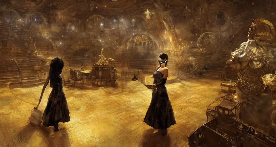 Image similar to craig mullins and ghibli digital art of inside the theater, on the stage, masked female violinists, exotic costumes, gold jewelry, black hair, solo performance hyper realism, realistic shading, cinematic composition, realistic render, octane render, detailed textures, photorealistic, wide shot