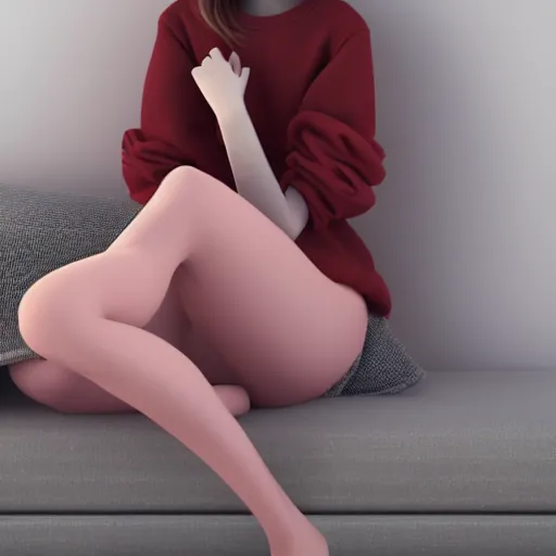 Image similar to 3 d render of a cute thin young woman, red blush, wearing casual clothes, small smile, relaxing on a couch, cuddling up under a blanket, cozy living room, medium shot, 8 k, octane render, trending on artstation, art by artgerm, unreal engine 5, hyperrealism, hyperdetailed, ultra realistic