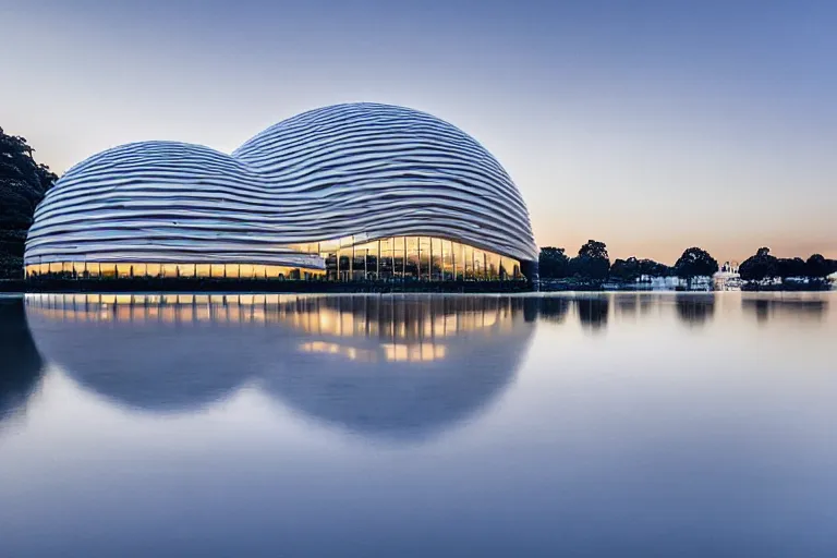 Image similar to it is a building formed by many white spherical egg shaped spaces arranged and combined together. on the calm lake surface, people's perspective modern curved architecture, future, award winning, highly detailed 4 k art, dusk, by kazuyo sejima