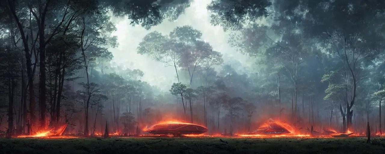 Image similar to a giant megastructure spaceship wrecked and lost in the forest, a small fire in the distance, large lasers and a powerful sound system on the left, detailed digital art by greg rutkowski.