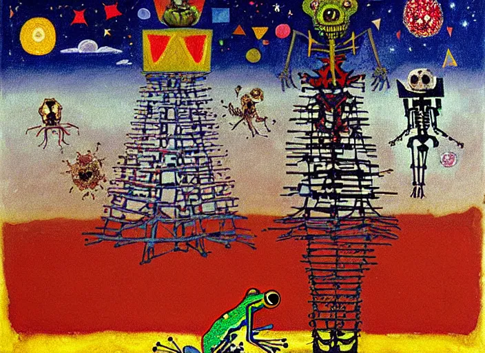 Image similar to pixel decollage painting tarot lovers card composition tower of babel road red armor maggot bear and wonky alien frog skeleton knight on a horse in a dark red cloudy night sky with golden foil jewish stars and diamonds, mountain lake and blossoming field in background, painted by mark rothko, helen frankenthaler, danny fox and hilma af klint, pixelated, naive