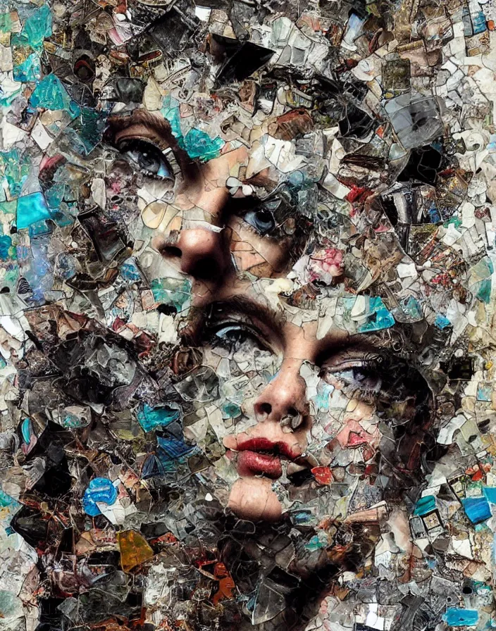 Prompt: existential distortion, digital collage, decoupage, assemblage, photomontage, canvas texture, contemporary art, punk art, photorealistic, portrait, expressionism, masterpiece, dynamic composition, spectacular quality, intricate oil details, broken glass