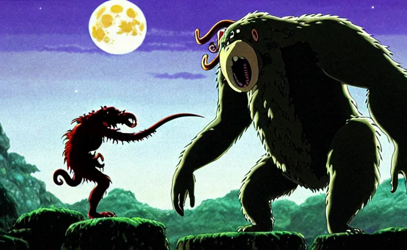 Image similar to a still from a studio ghibli movie of a cartoon cthulhu fighting king kong from princess mononoke ( 1 9 9 7 ), in front of a pale full moon, full body, wide shot, very dull muted colors, studio ghibli, highly detailed, deviantart, art by artgem