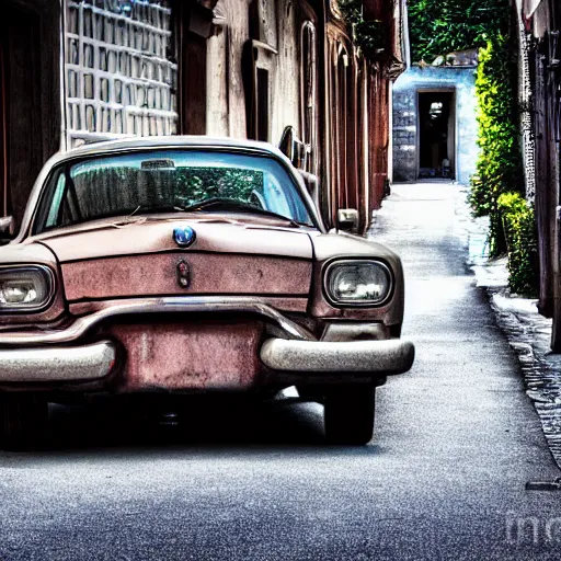 Prompt: an ugly old car driving in a narrow road, award winning photo, 4 k, polarizing filter, photolab