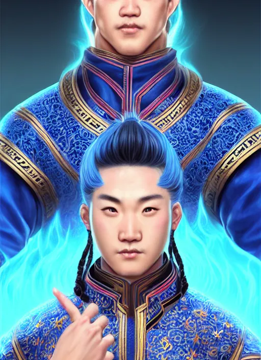 Prompt: male martial artist with a mongolian pigtail hairstyle!!!! asian facial features and blue eyes!! intricate ornate blue robes!! character concept art, sharp focus, octane render! unreal engine 5! highly rendered!! trending on artstation!! detailed linework!! illustration by artgerm, wlop, and chie yoshii