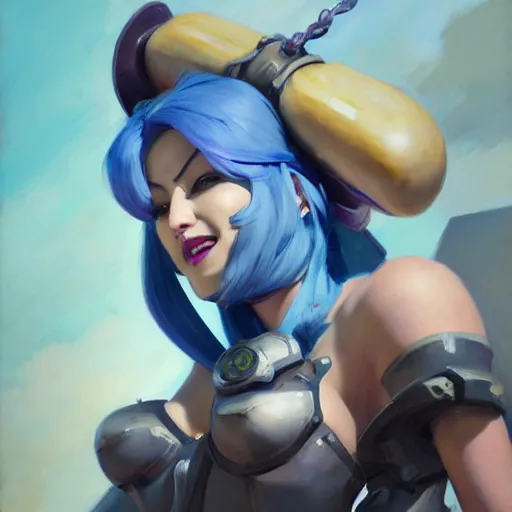 Image similar to greg manchess portrait painting of partially armored blue haired jinx from league of legends as overwatch character, medium shot, asymmetrical, profile picture, organic painting, sunny day, matte painting, bold shapes, hard edges, street art, trending on artstation, by huang guangjian, gil elvgren, ruan jia, greg rutkowski, gaston bussiere