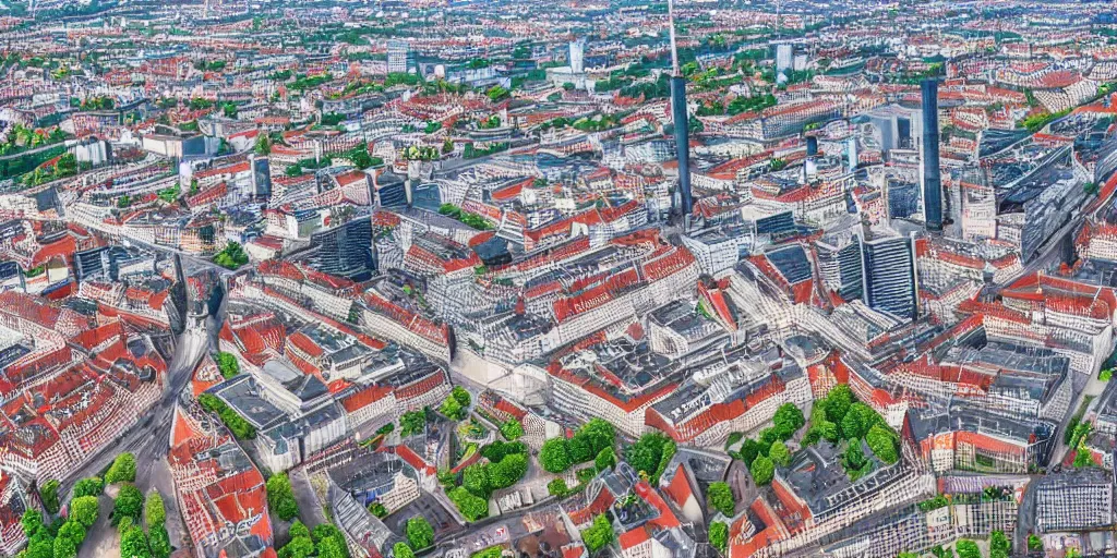 Prompt: drone view of a german city Berlin with a large road through, Brutalist architecture,sharp focus,telephoto lens,3D digital art 4k